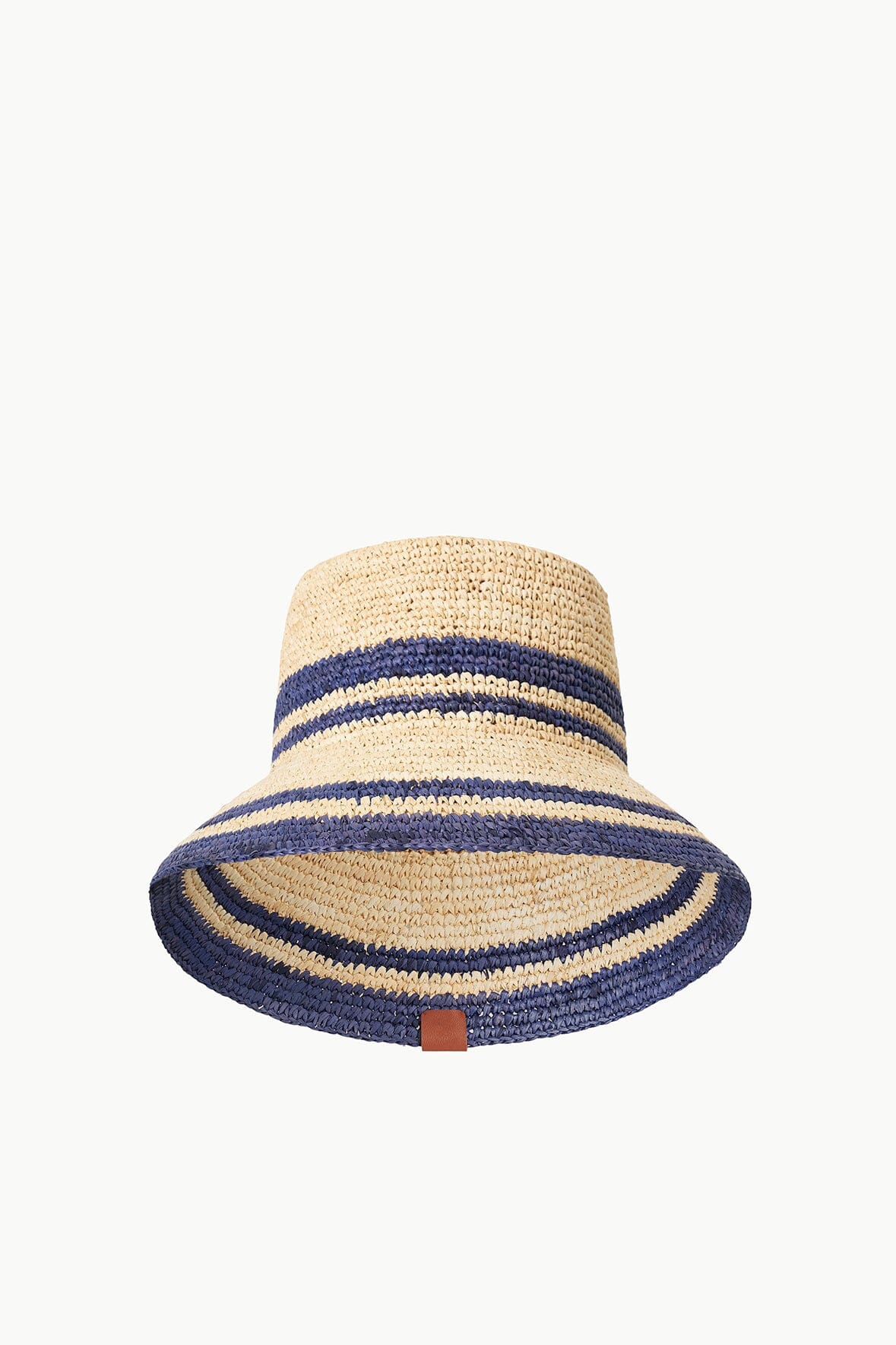 Striped straw bucket hat with navy band at crown and brim