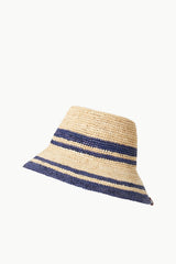 Striped straw bucket hat with navy banded brim