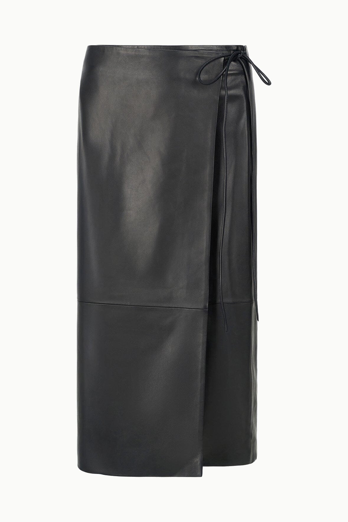 Black leather wrap midi skirt, overlap front edge and waist tie