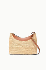Natural tan raffia hobo bag with brown leather trim and rounded top handle