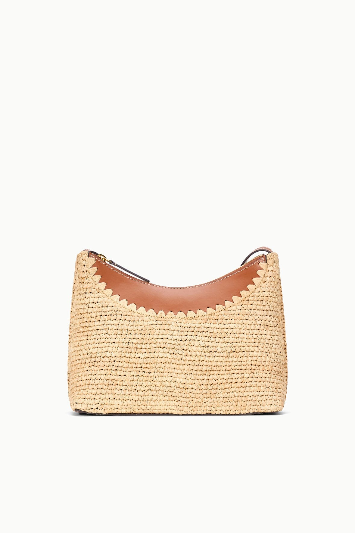 Natural tan raffia hobo bag with brown top zipper detail and curved silhouette