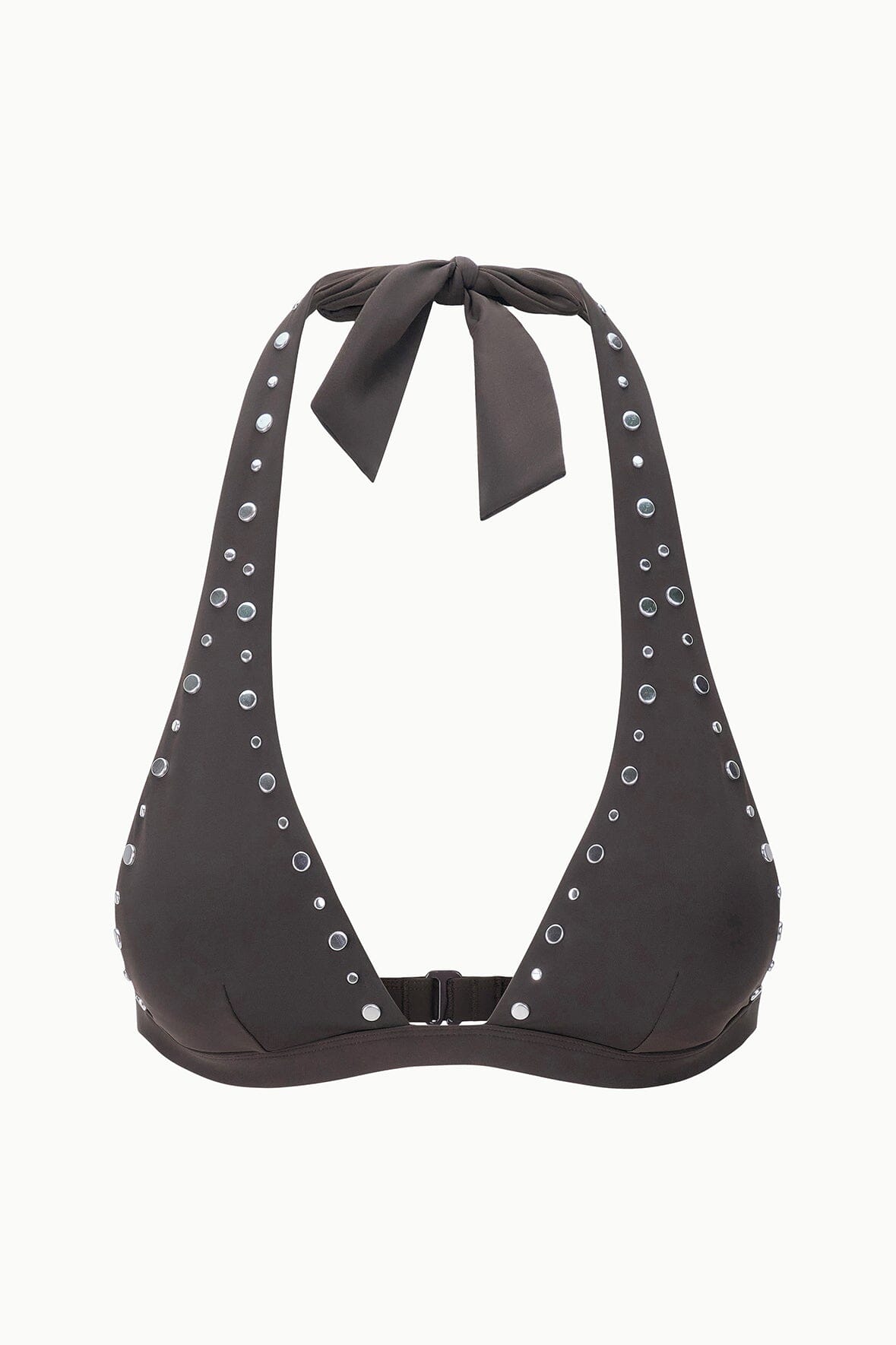 Dark bikini top with silver stud trim and halter bow tie, adjustable back clasp
