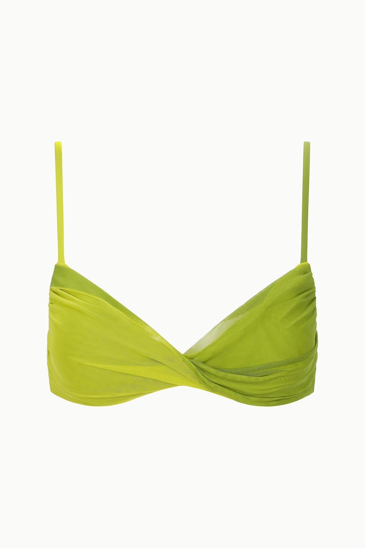 LA MER bikini top in citron pesto green with twist-front triangle cups and thin straps