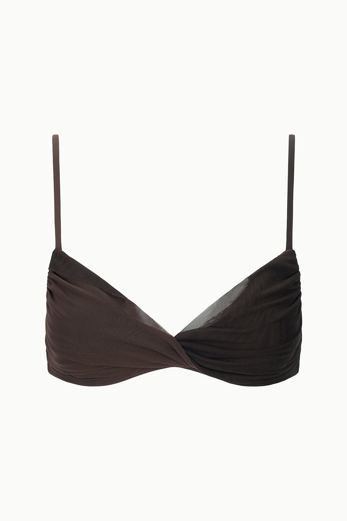 Dark espresso bikini top front view with twisted V seam and thin spaghetti straps