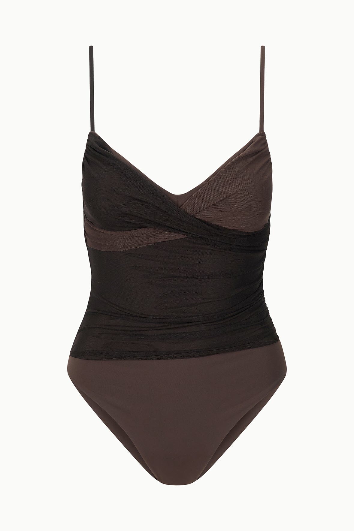 Dark brown ruched one-piece swimsuit laid flat with crossover front and thin straps