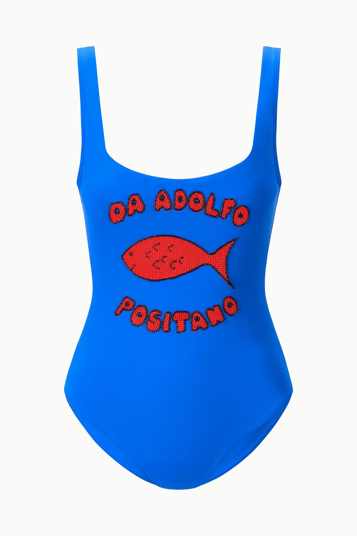 Blue one-piece swimsuit with thin straps and red fish Positano graphic
