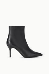 Black leather ankle boots with slim high heel and pointed toe