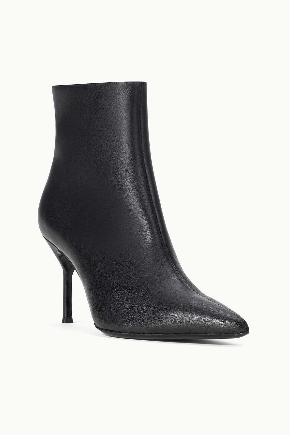 Black leather ankle boots with pointed toe and slim high heel