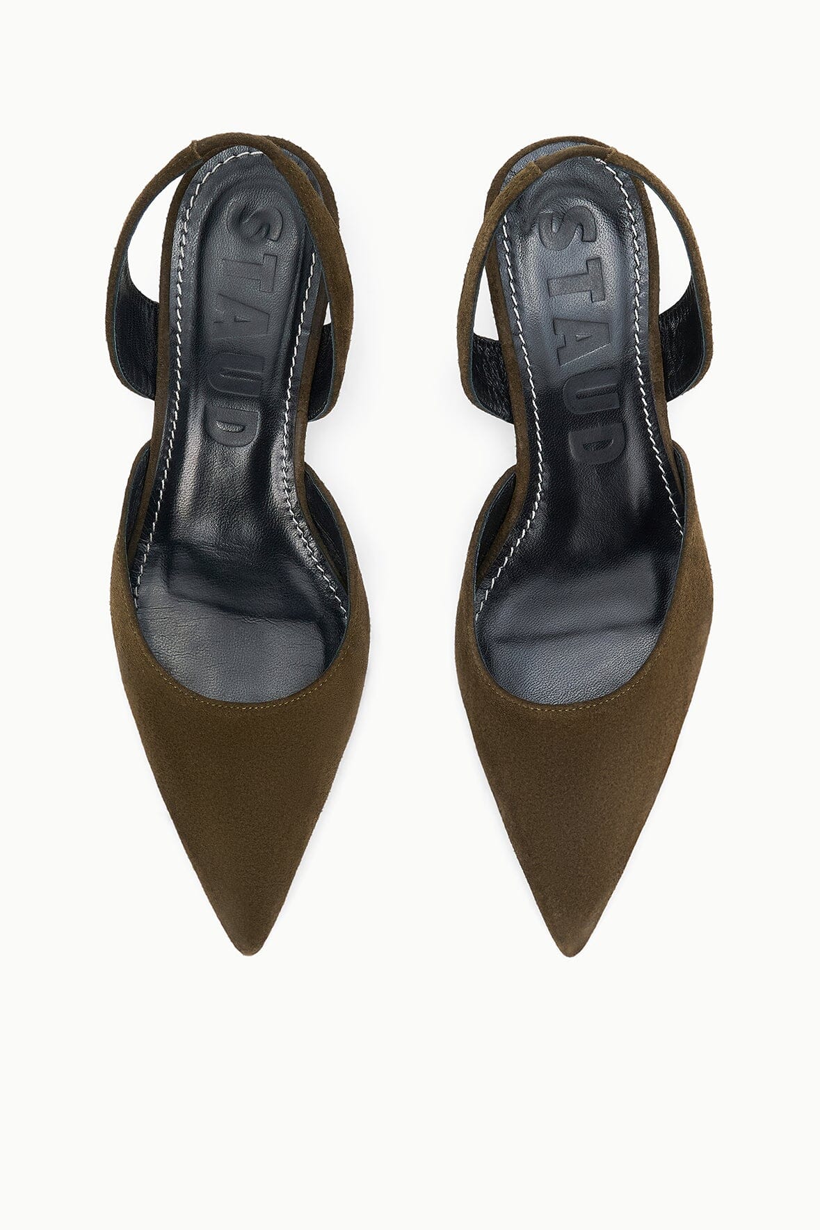Pair of truffle-brown suede slingback heels, pointed toe and open back strap
