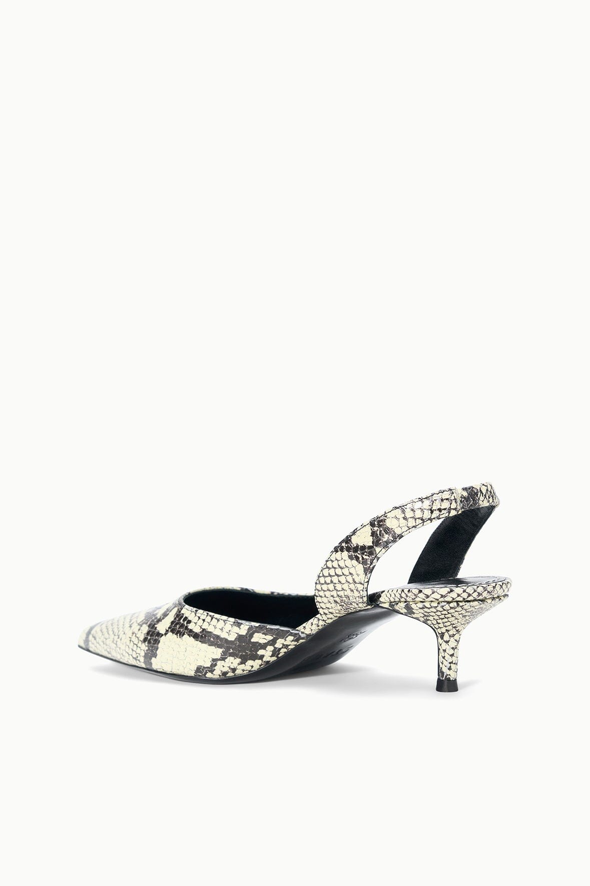 Snake-print slingback pointed-toe stiletto heel, angled view