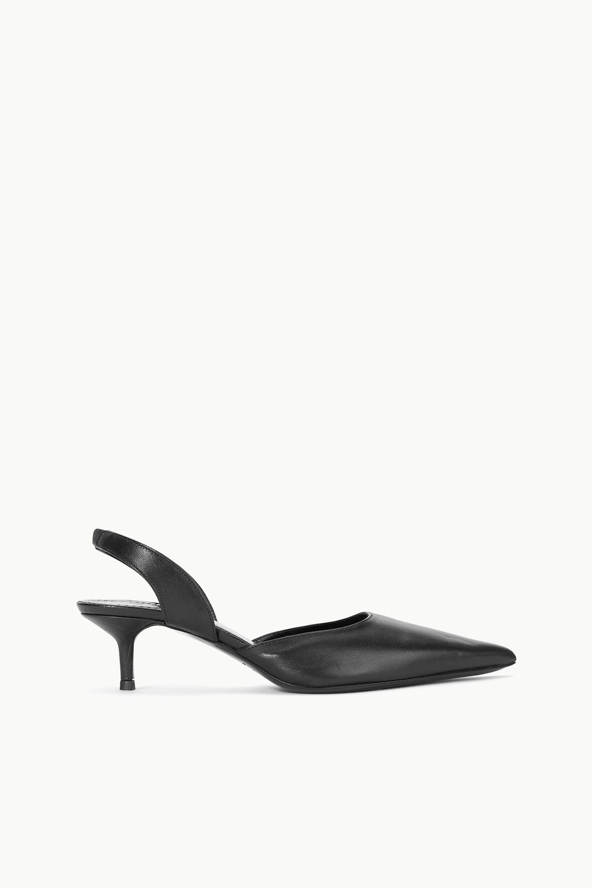 Black pointed-toe slingback heels with slim stiletto and low slingback strap