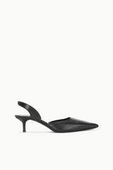 Black pointed-toe slingback heels with slim stiletto and low slingback strap