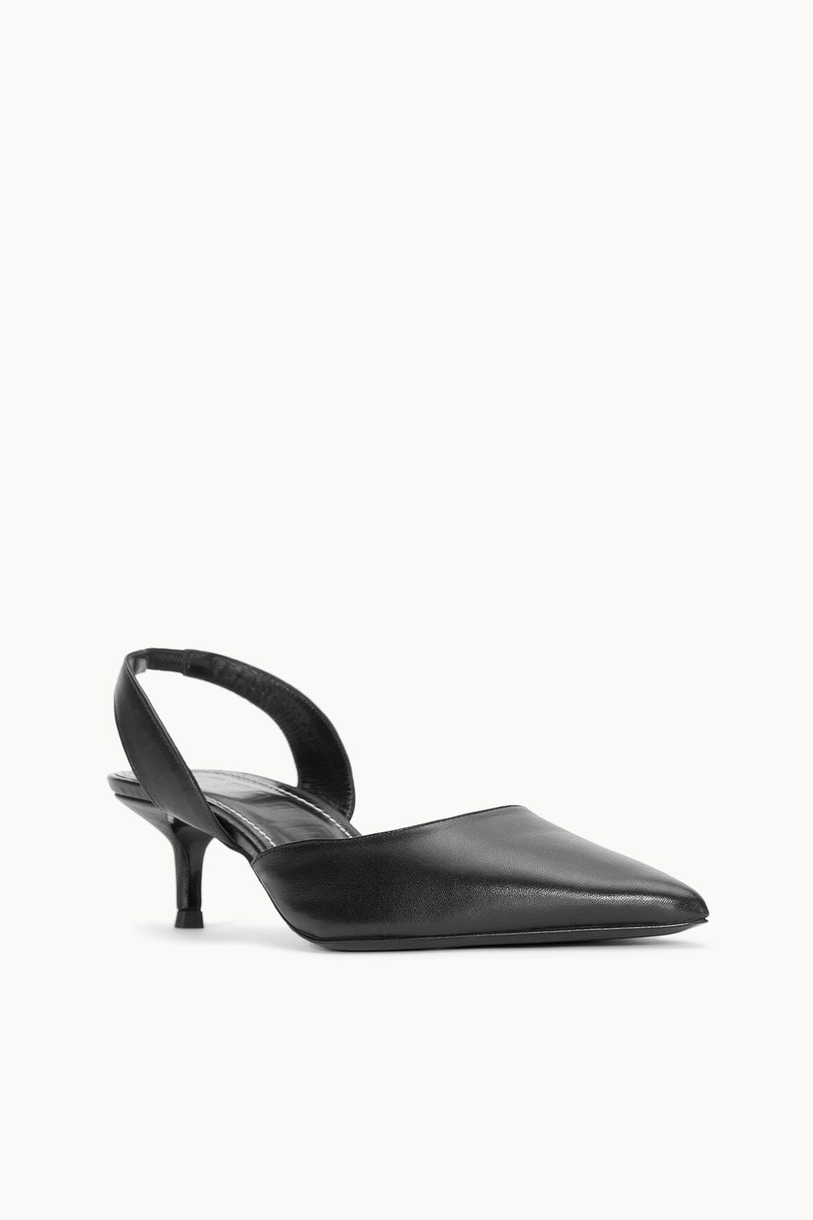 Black pointed-toe slingback heels with stiletto heel and open slingback strap