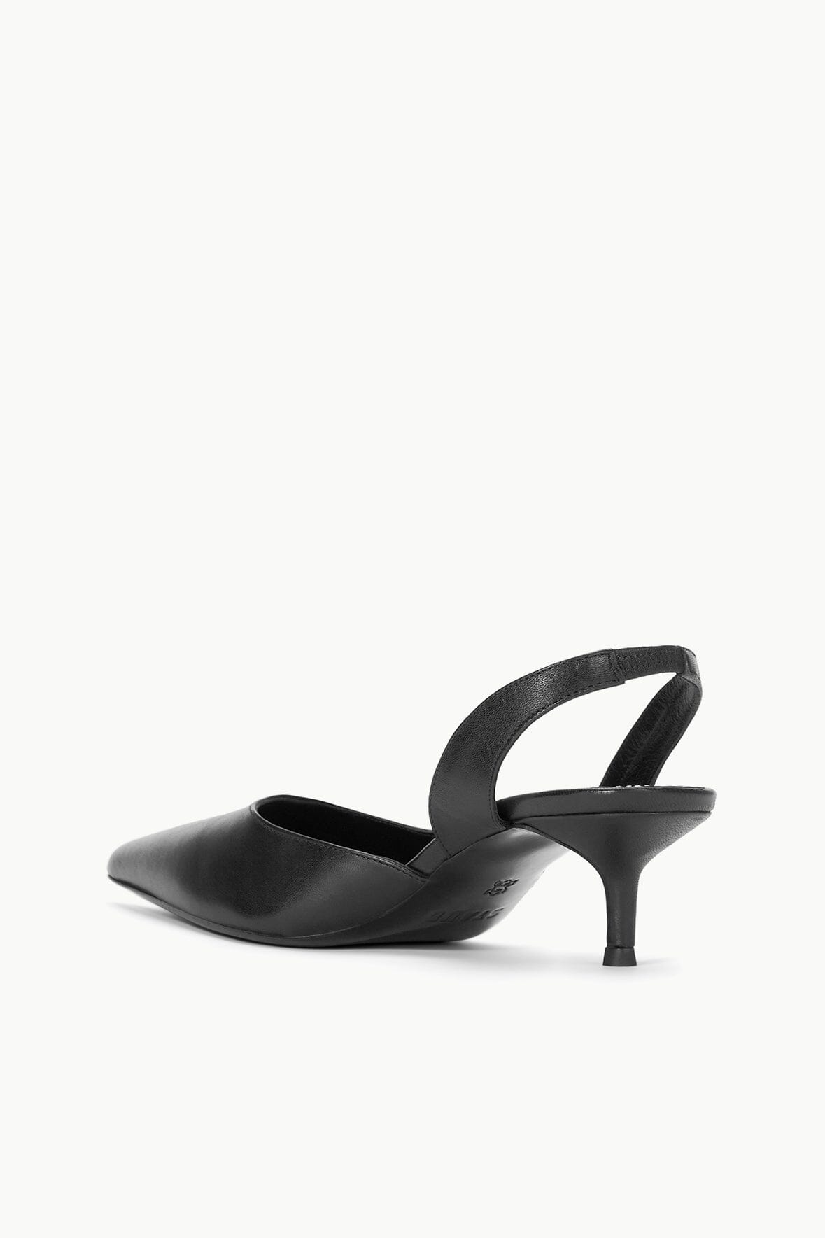 Black pointed-toe slingback heels with stiletto heel and strap across the back