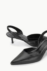 Black leather slingback heels with pointed toe, stiletto heel, and side seam