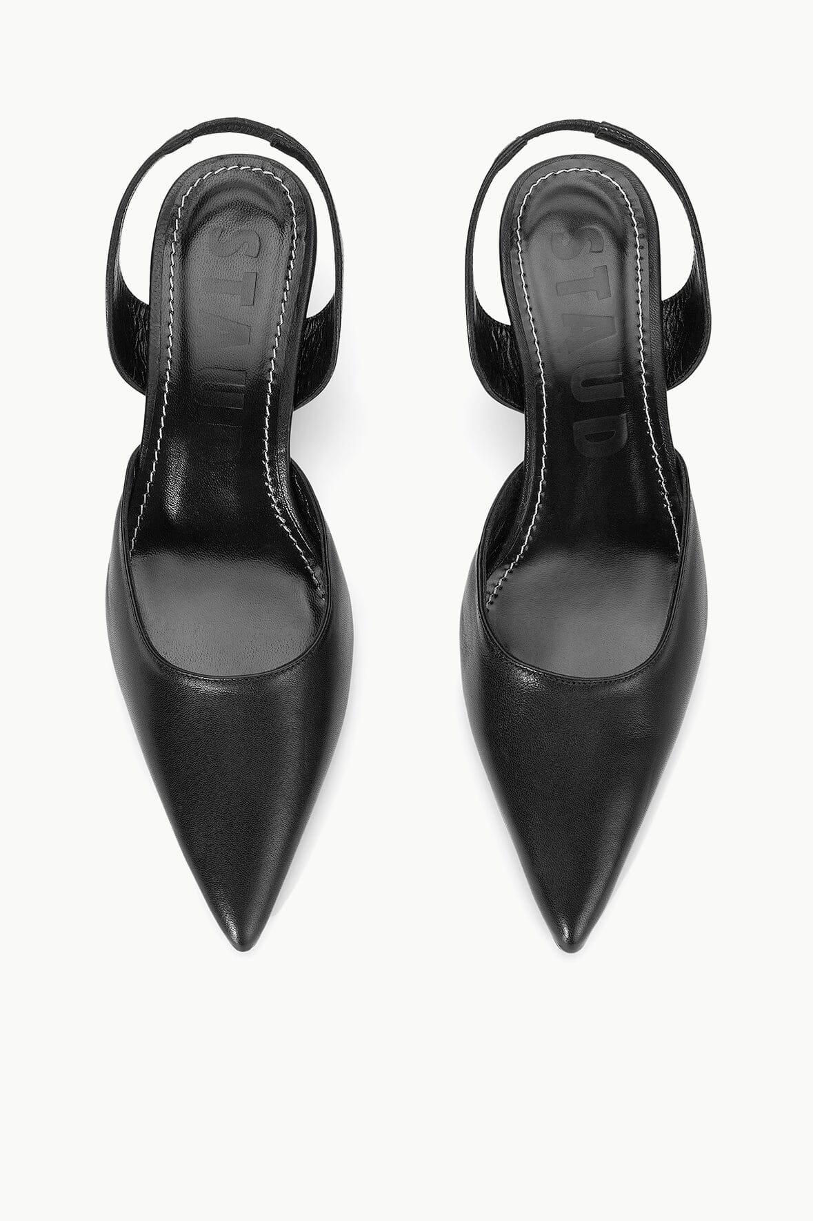 Pair of black pointed-toe slingback heels with back strap and stitched finish