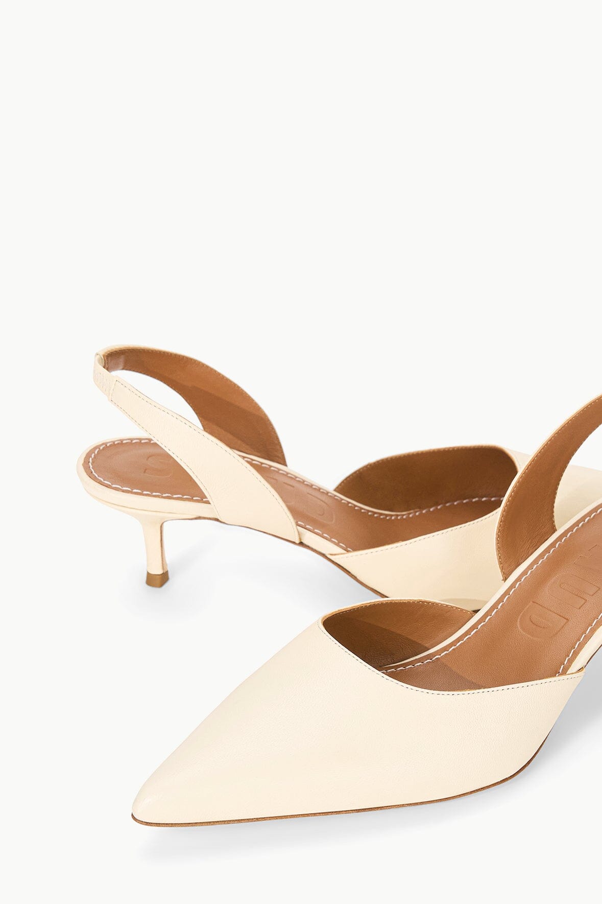 SEBASTIAN cream slingback heels with thin heel and contrast interior lining