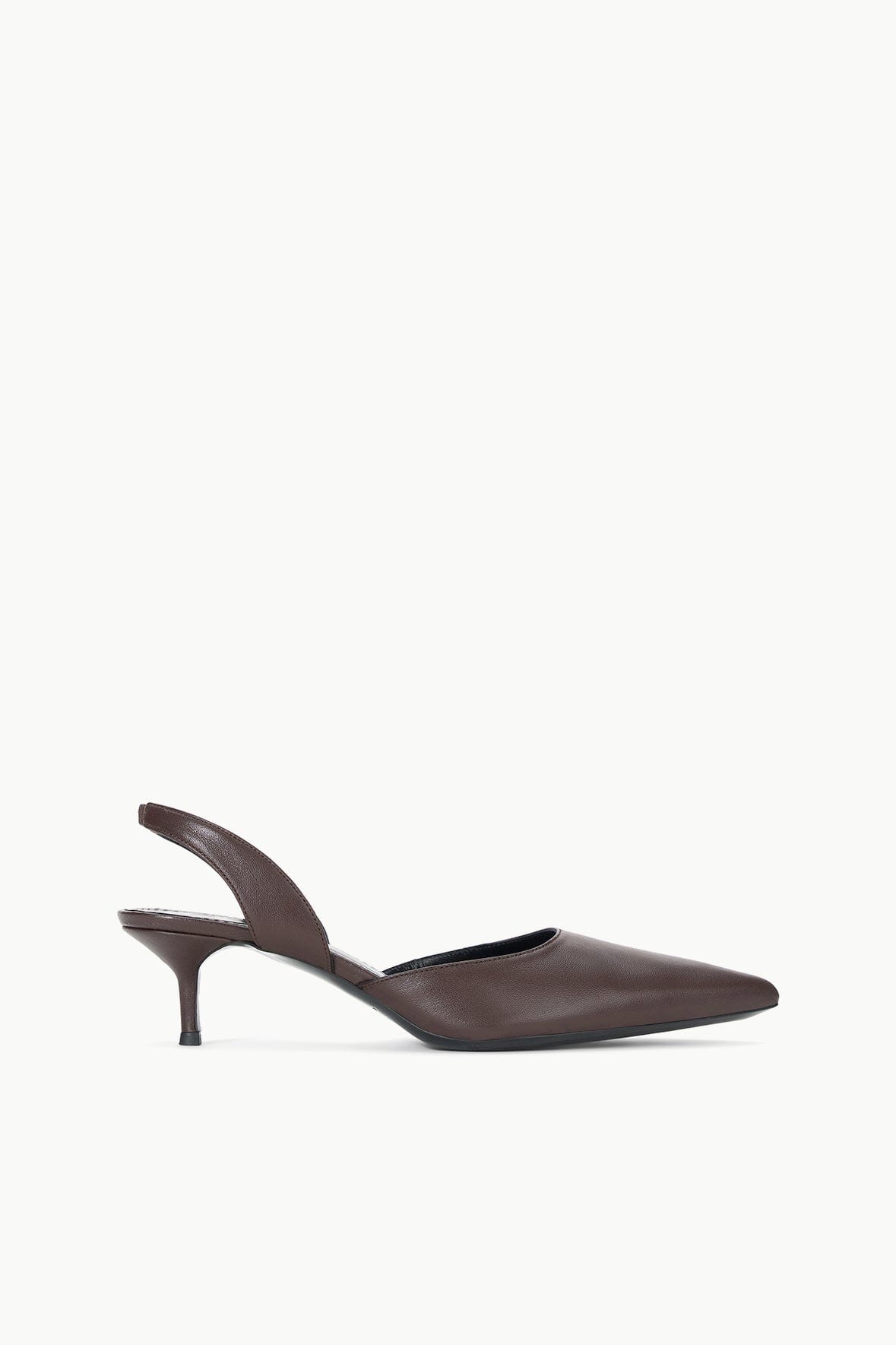 Espresso-brown leather slingback pump with pointed toe and mid heel