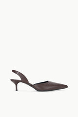 Espresso-brown leather slingback pump with pointed toe and mid heel