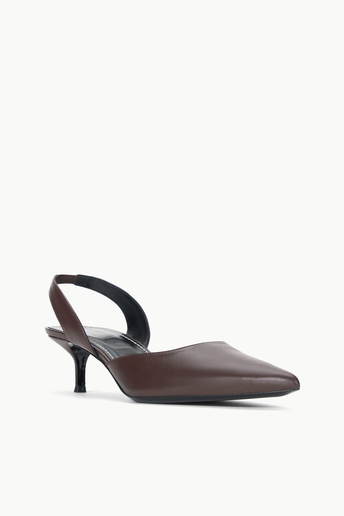 Espresso-brown leather slingback pump with pointed toe and slim mid heel