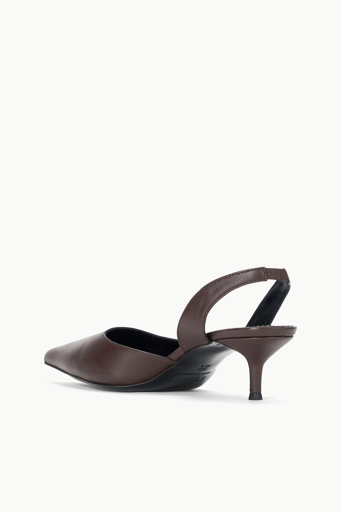Espresso-brown leather slingback pump with open back strap and mid heel