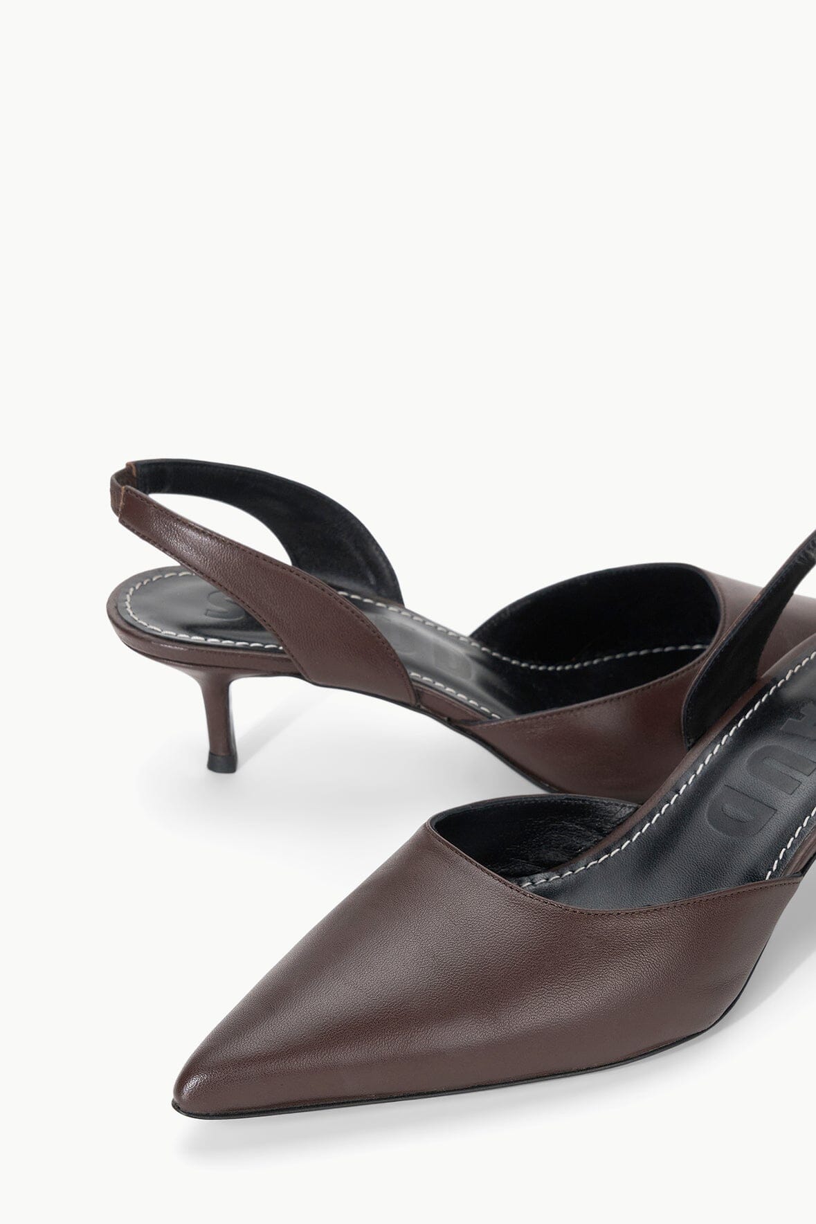 Espresso-brown slingback pump pair with pointed toe and curved heel strap