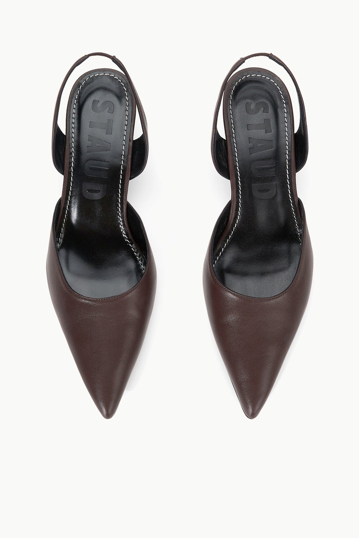 Espresso-brown leather slingback pumps with pointed toe and black interior