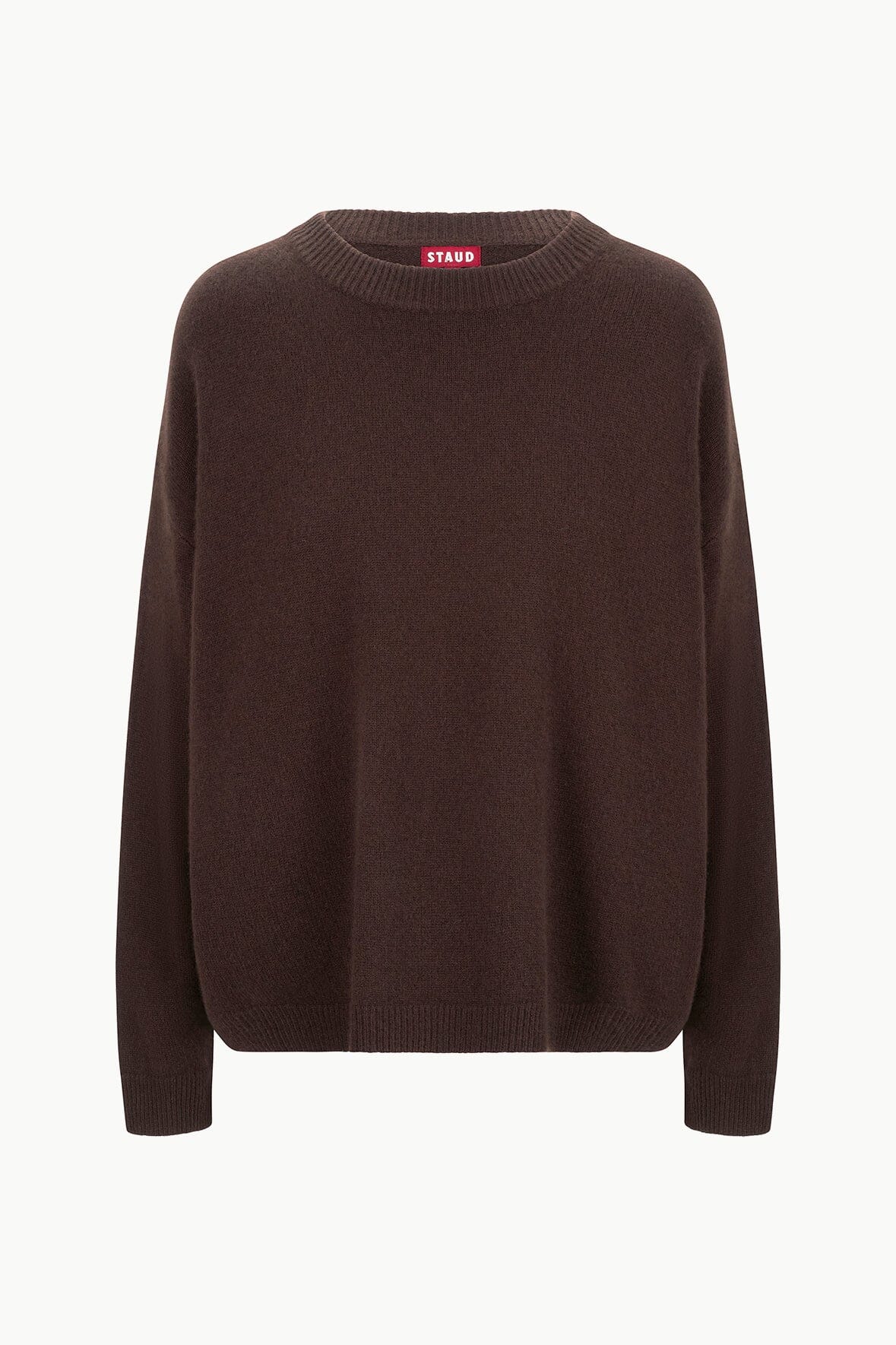 Relaxed cashmere crewneck sweater in dark chocolate, ribbed cuffs and hem