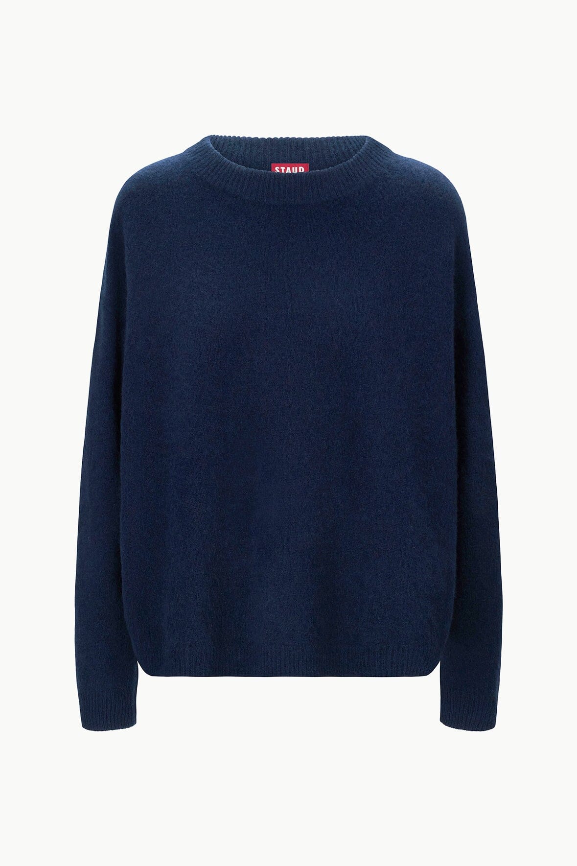 Navy cashmere relaxed crewneck sweater with long sleeves and ribbed cuffs