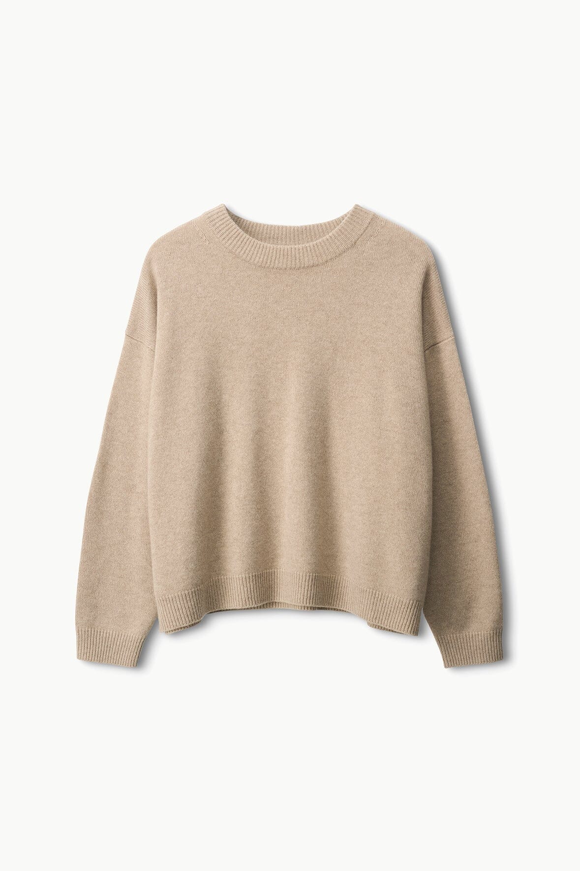 Stone relaxed cashmere crewneck sweater with ribbed hem and cuffs