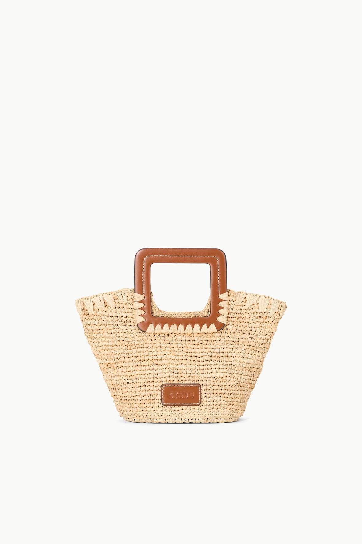 Natural tan raffia mini bucket bag with brown leather-look top handle and trim