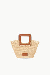 Natural tan raffia mini bucket bag with brown leather-look top handle and trim