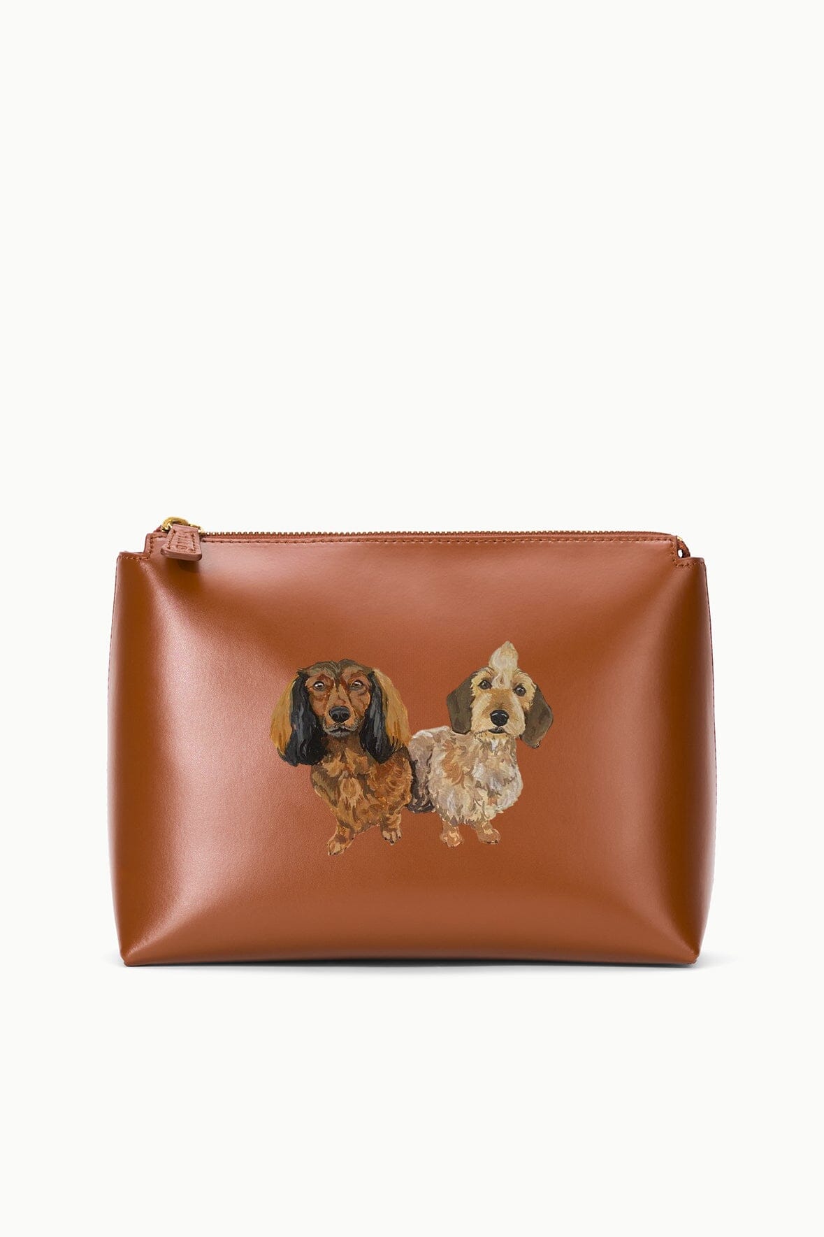 Tan zippered pouch with two dog photo prints and gold zipper hardware.