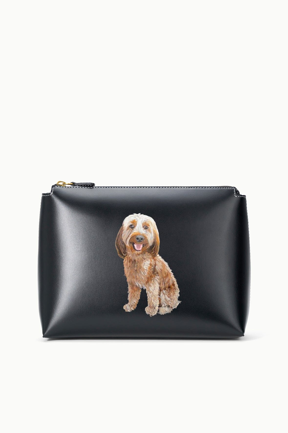 Black zippered pet portrait pouch with one dog graphic