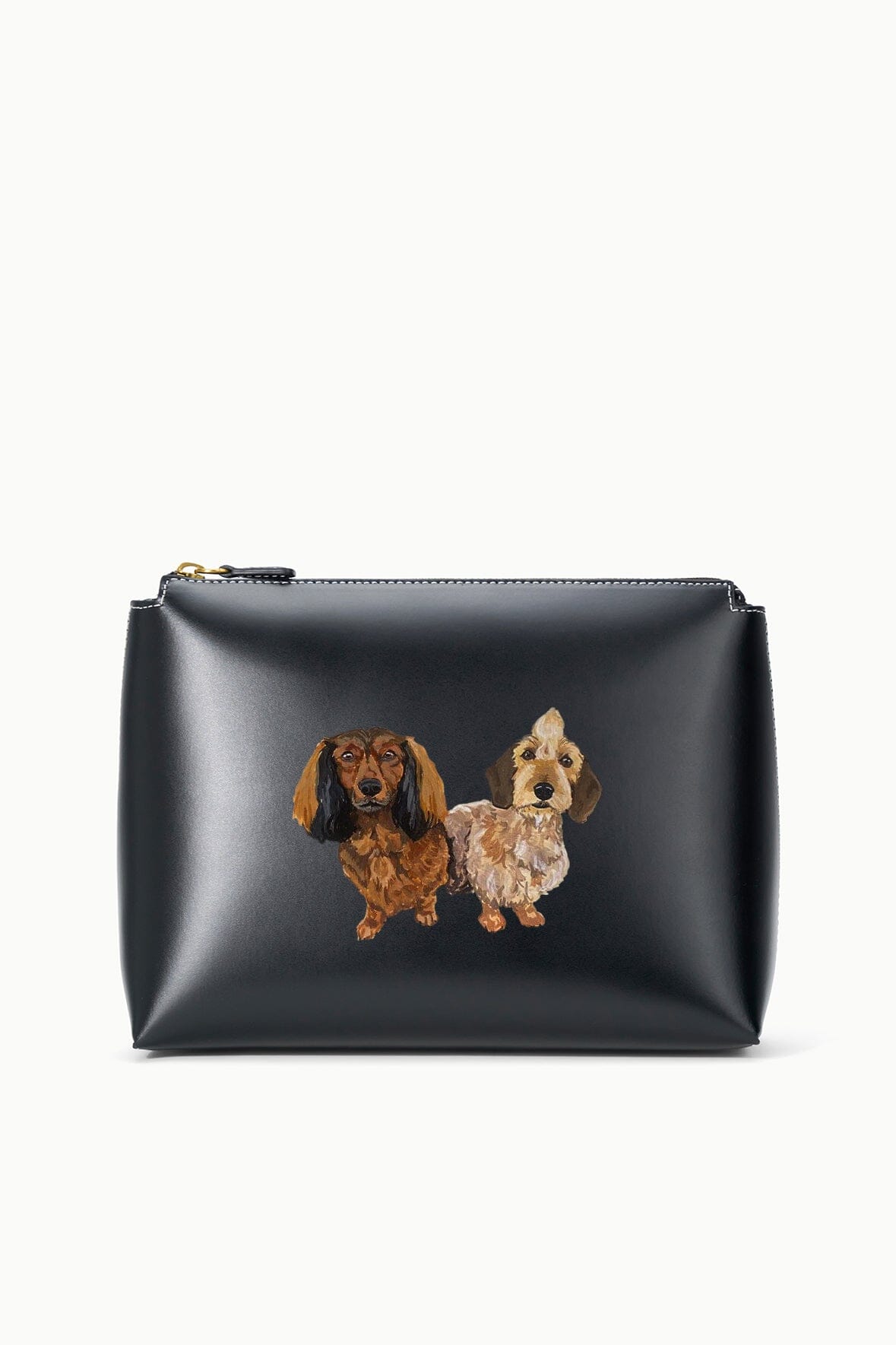 Black zippered pet portrait pouch with two dog graphics