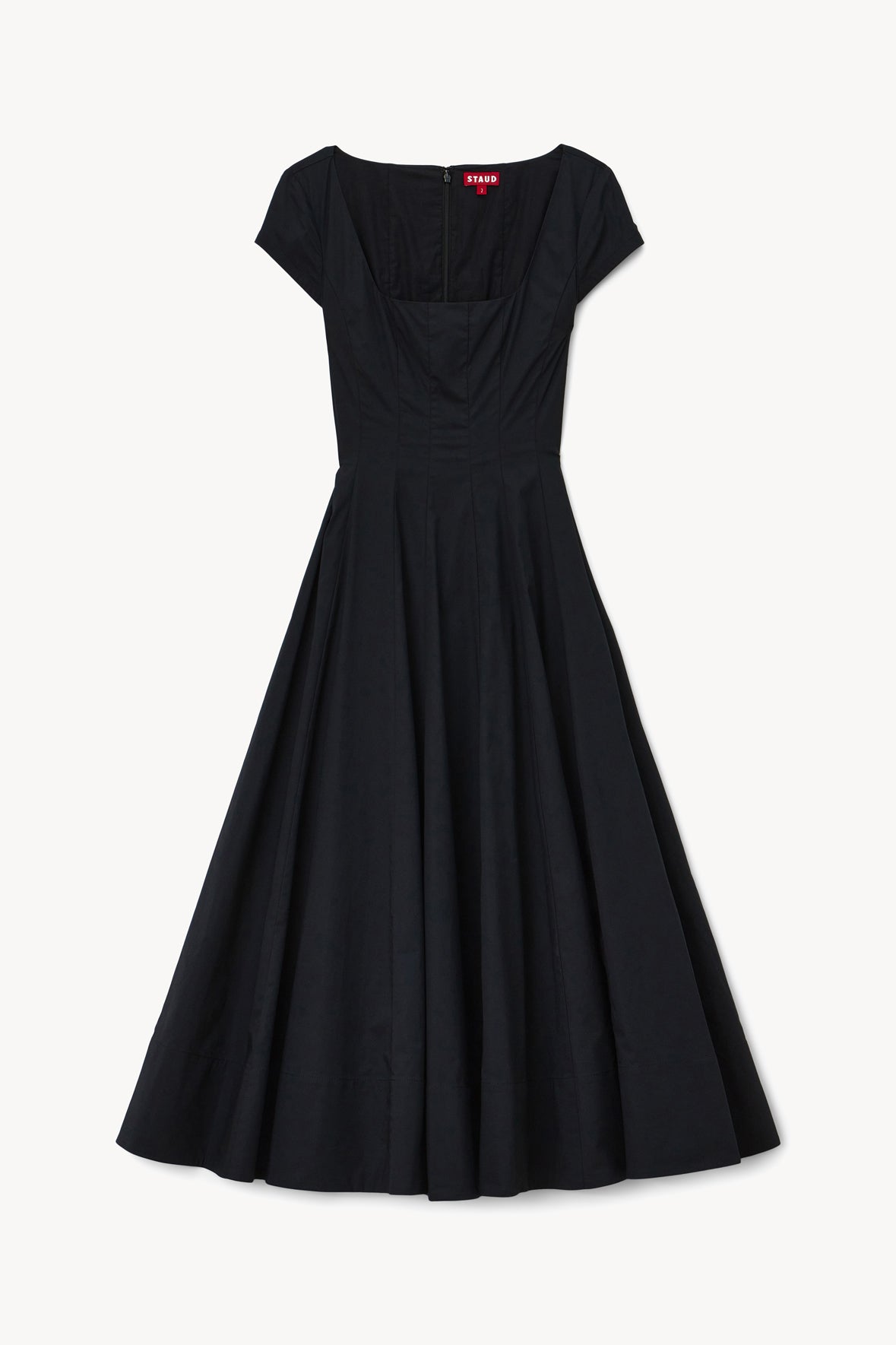 Black short-sleeve dress with square neckline and gathered, flared skirt