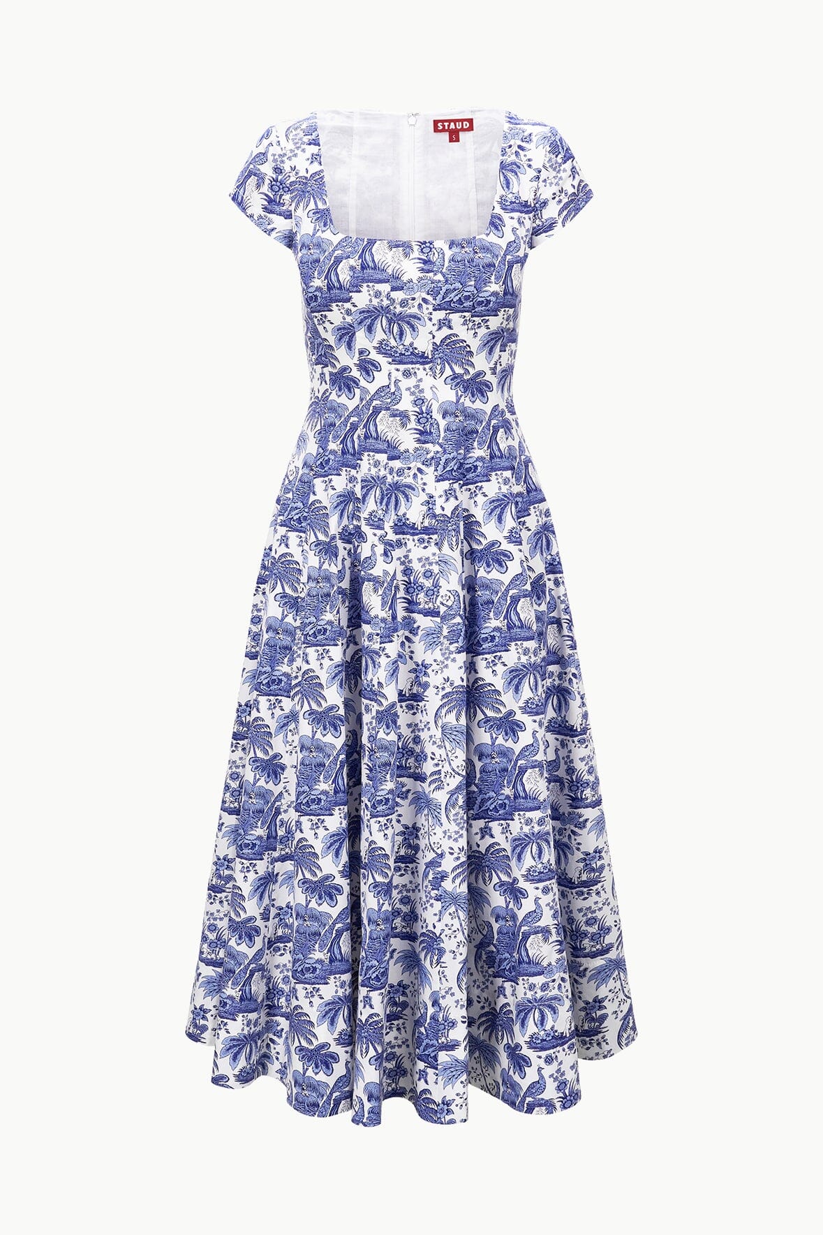 Blue toile short-sleeve dress with square neckline and tiered skirt