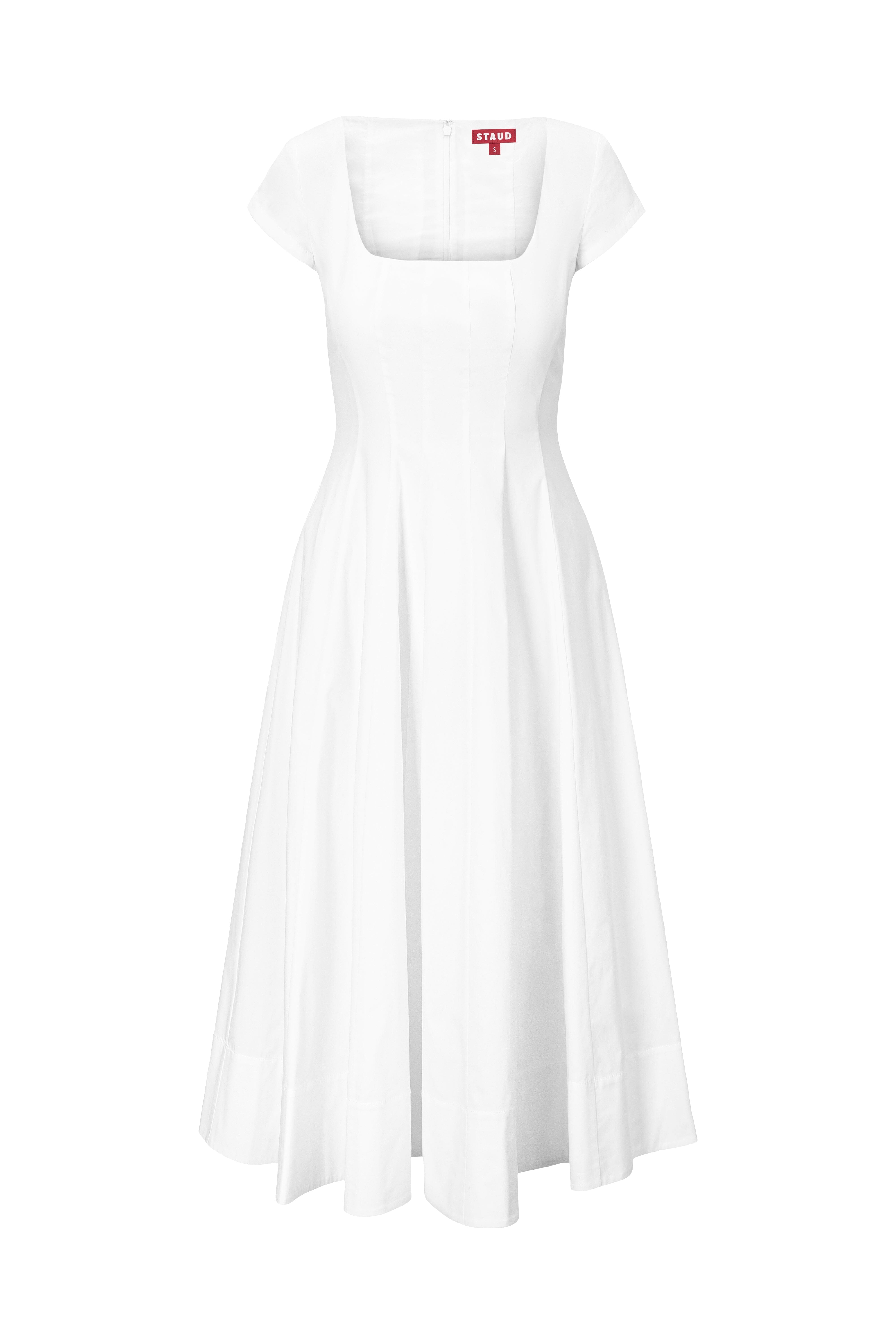 White short-sleeve midi dress with square neckline and gathered skirt pleats
