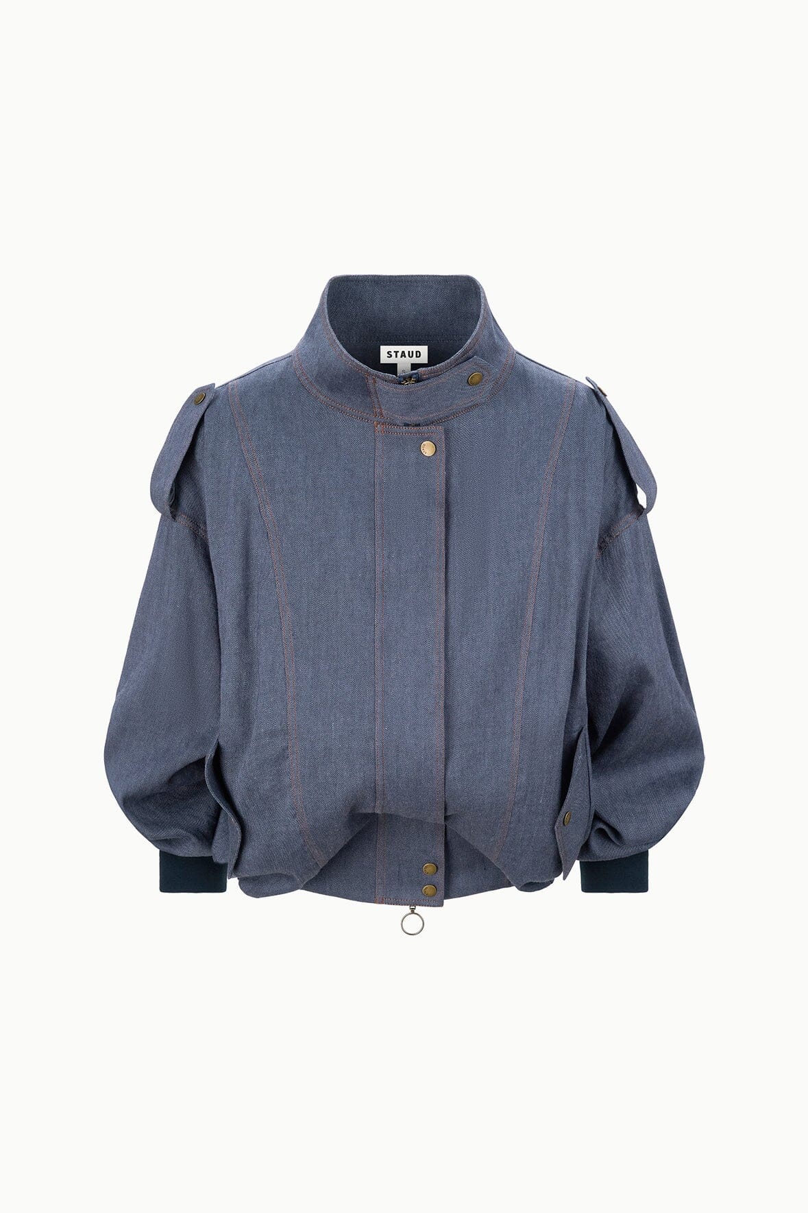 Dark blue chambray jacket flat lay with stand collar, snap buttons, and patch pockets