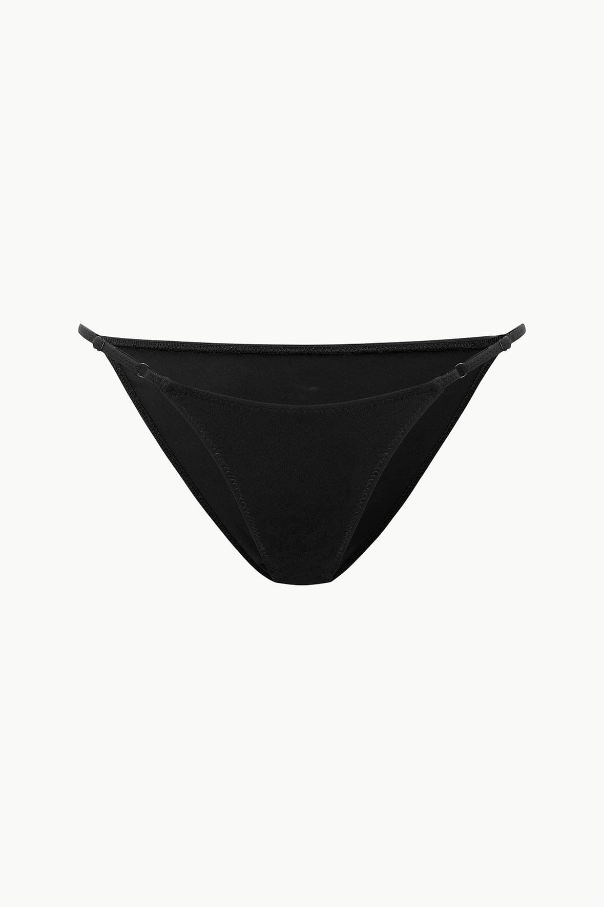 Black string bikini bottom, flat view with narrow sides
