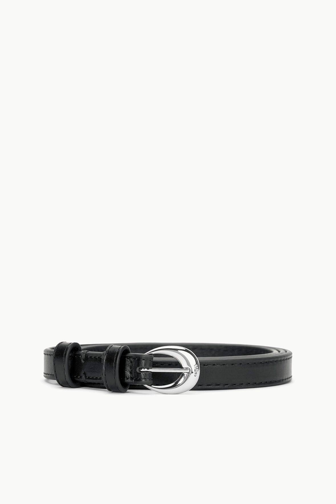 Black slim leather belt with silver oval buckle and adjustable holes