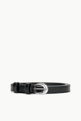 Black slim leather belt with silver oval buckle and adjustable holes