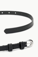 Black slim leather belt with silver buckle ring and stitched center