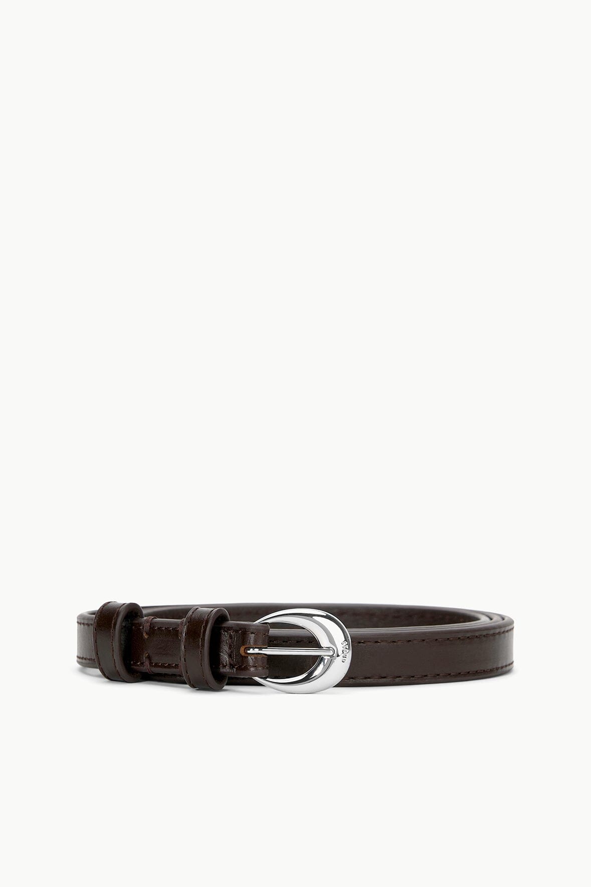 Slim brown leather belt with silver moon buckle and stitched strap ends