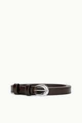 Slim brown leather belt with silver moon buckle and stitched strap ends
