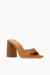 Tan suede heeled mule sandal with wide strap and chunky block heel