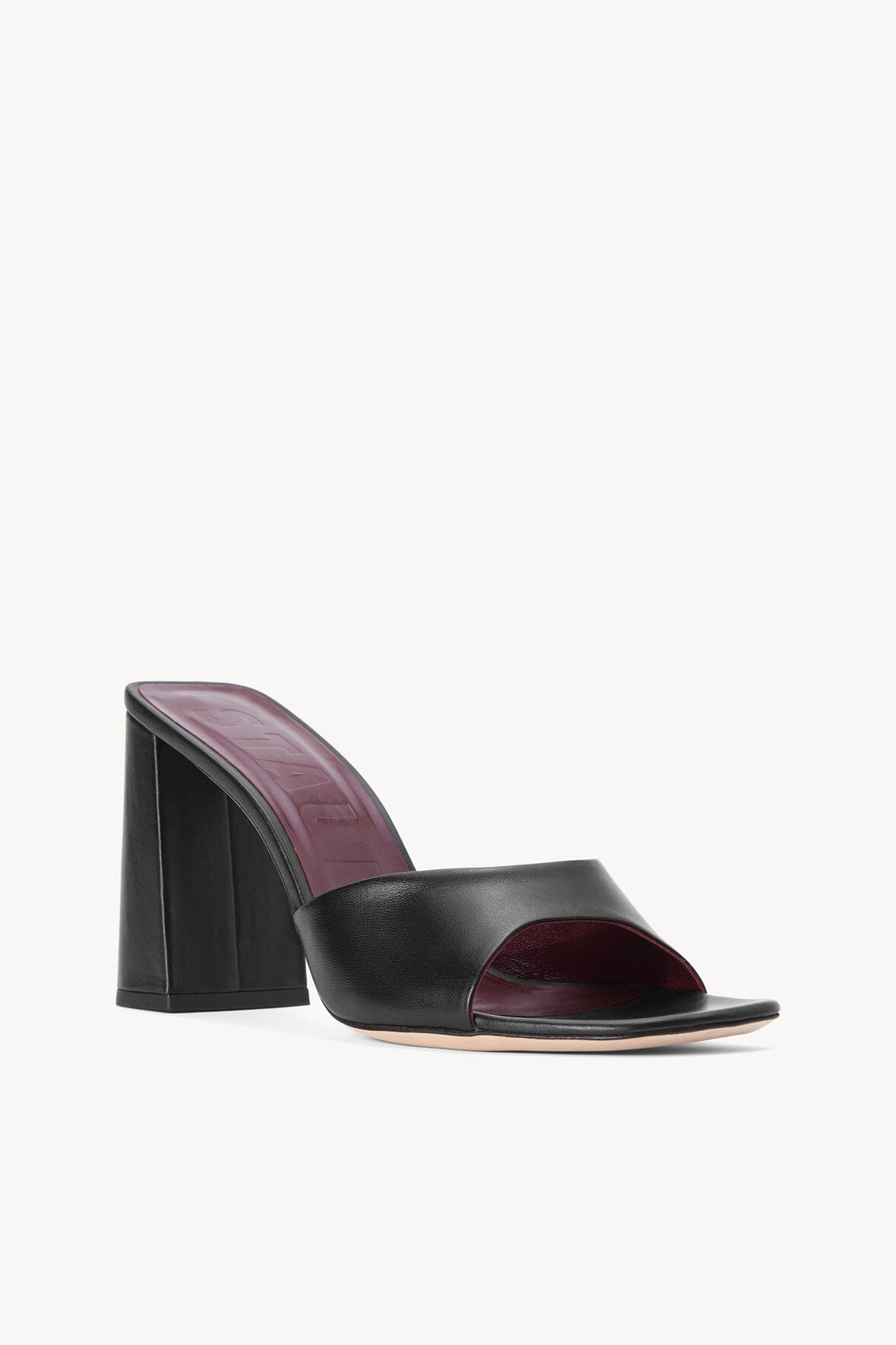 Black SLOANE mule sandal with square toe, chunky heel, burgundy-lined interior