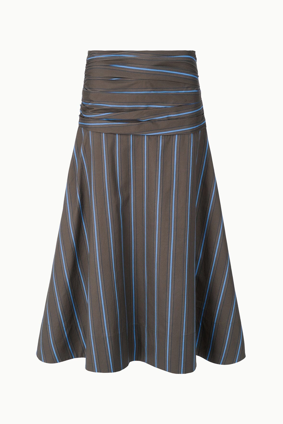 SOL striped midi skirt with horizontal blue and tan lines, gathered waist panel