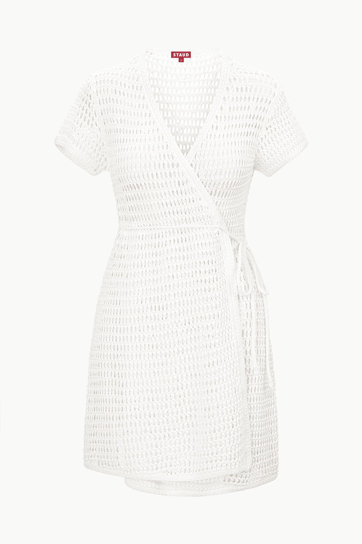 Ivory crochet coverup dress with V-neck, short sleeves, and tie waist