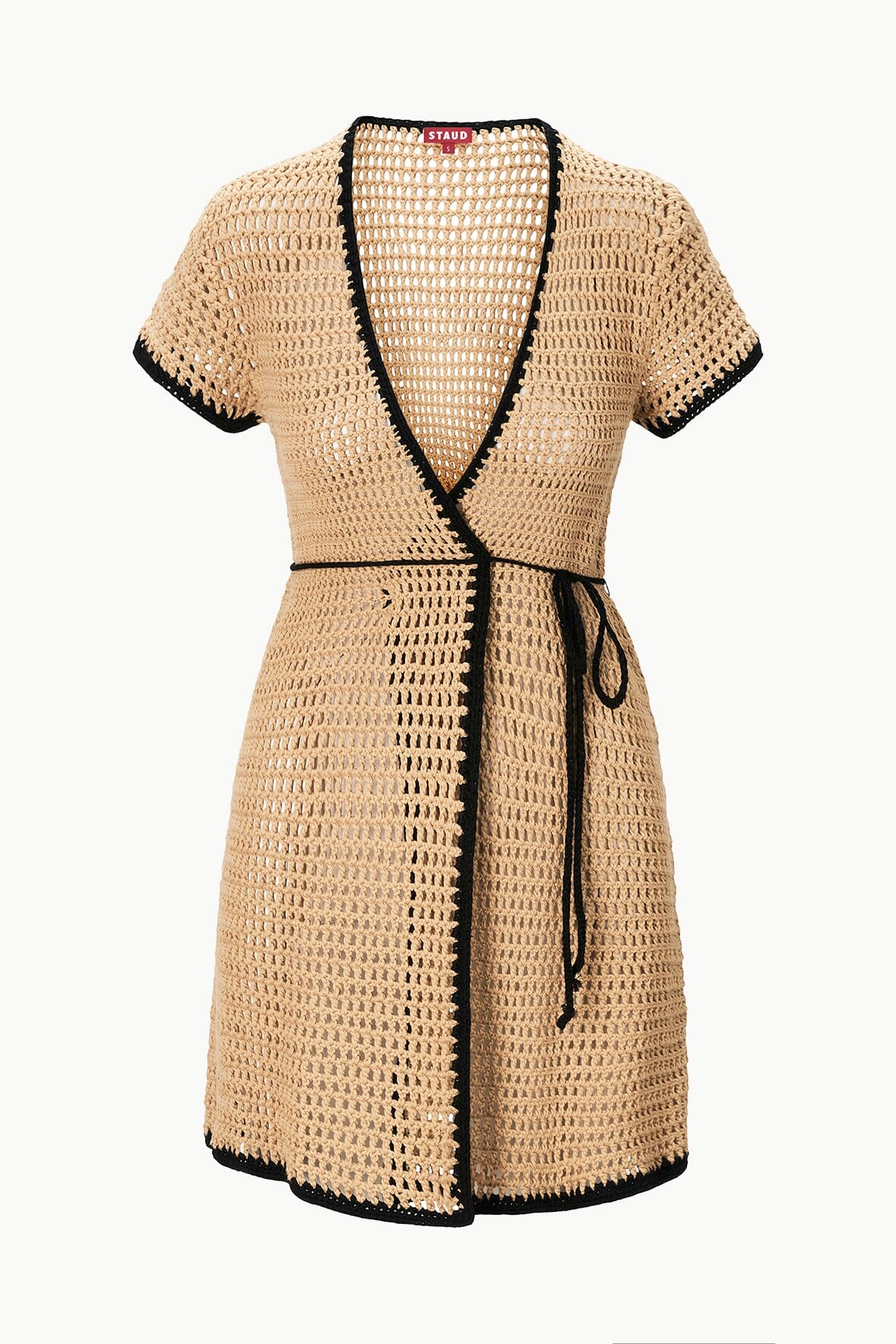 Crochet coverup dress with tie waist and black edging